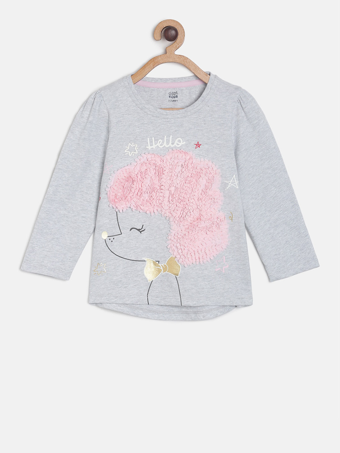 MINI KLUB Girls Grey & Pink Self Design Pure Cotton Top