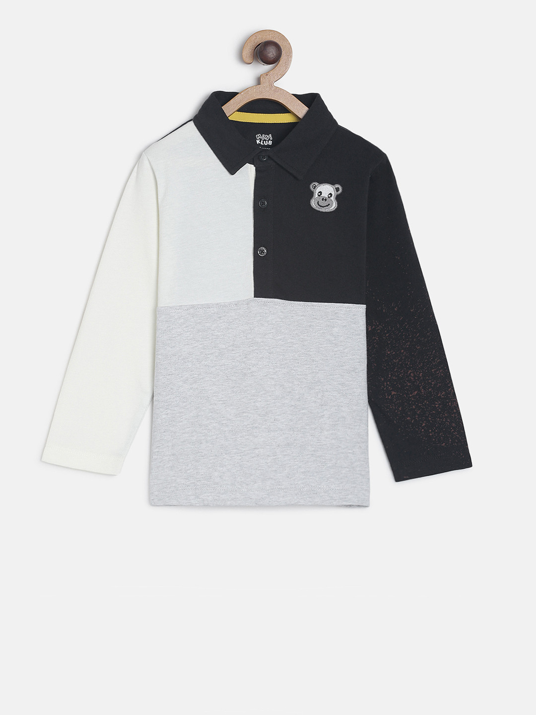 MINI KLUB Boys Grey Melange  White Colourblocked Polo Collar Pure Cotton T-shirt