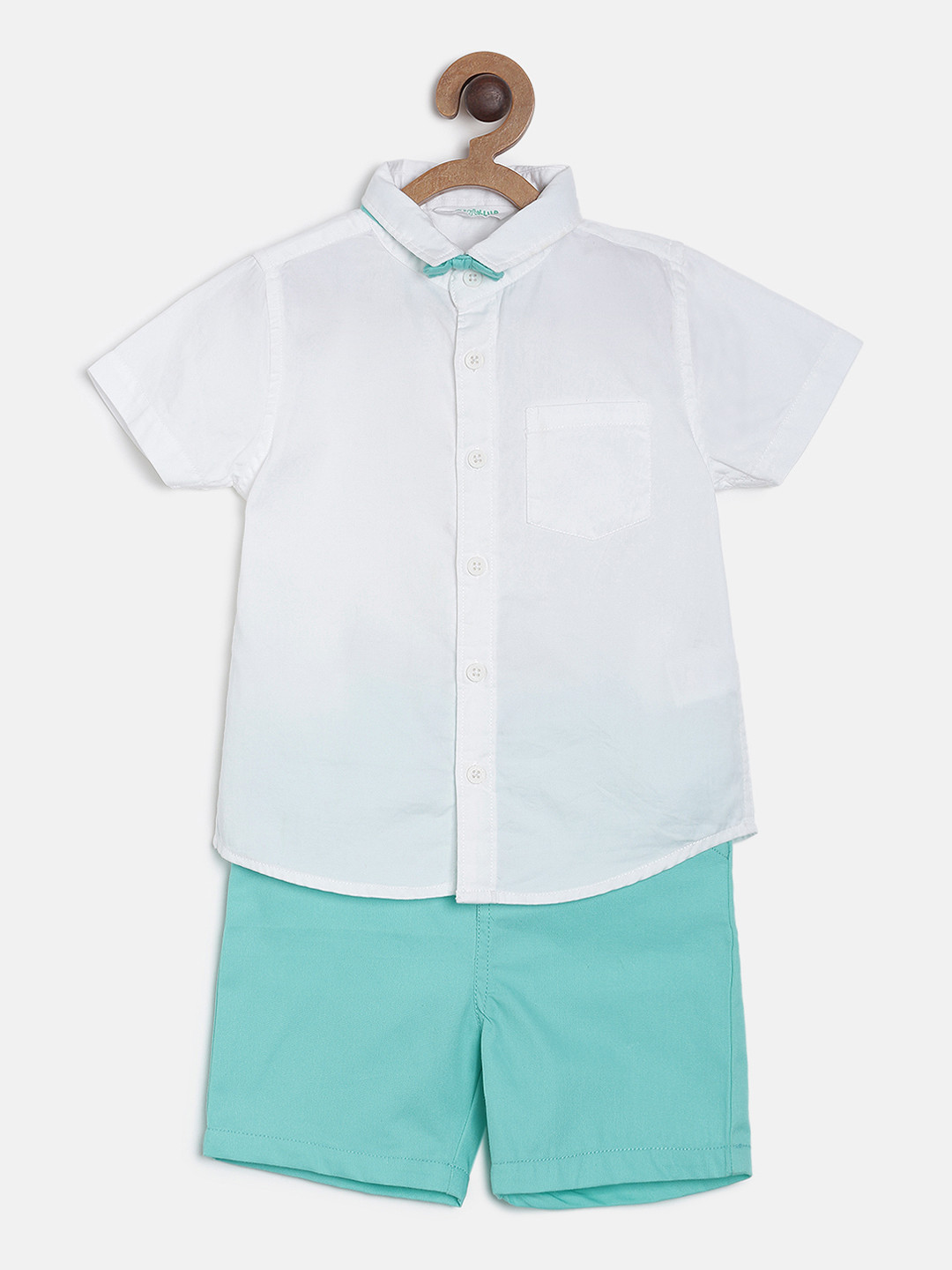 MINI KLUB Boys White & Sea Green Solid Shirt with Capris & Bow Tie