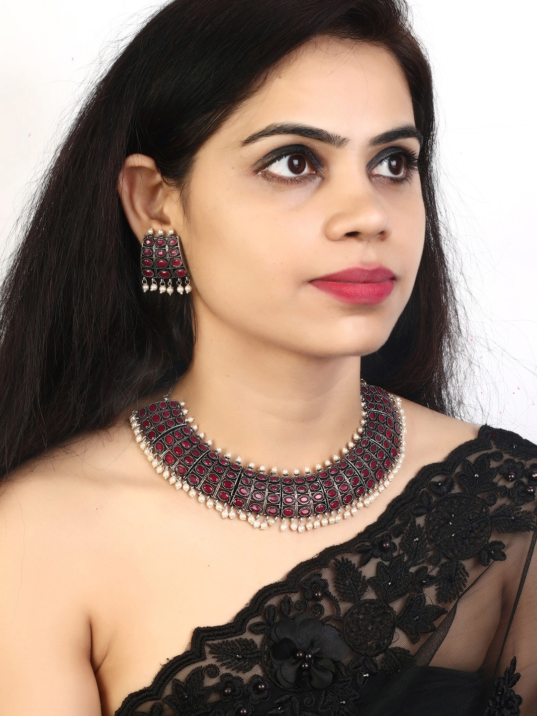 LAIDA Oxidized Silver-Plated Red & White Stone-Studded Jewellery Set