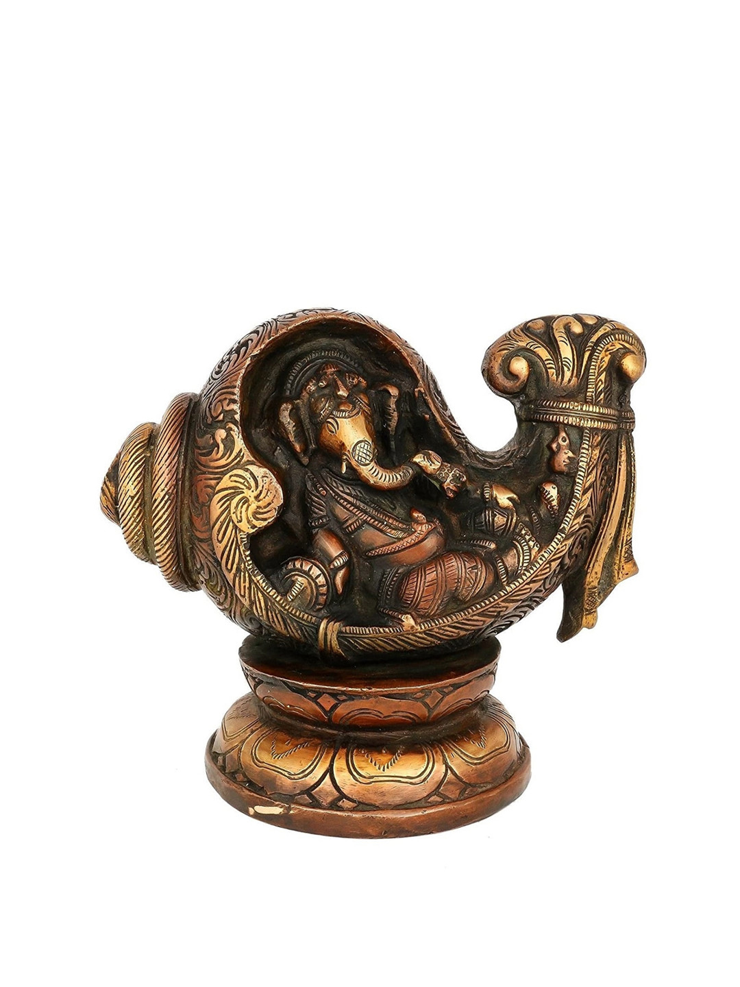 CraftVatika Conch Ganesh Relaxing Gold Brass Metallic Prayer Room Small Showpiece - 5 Inches