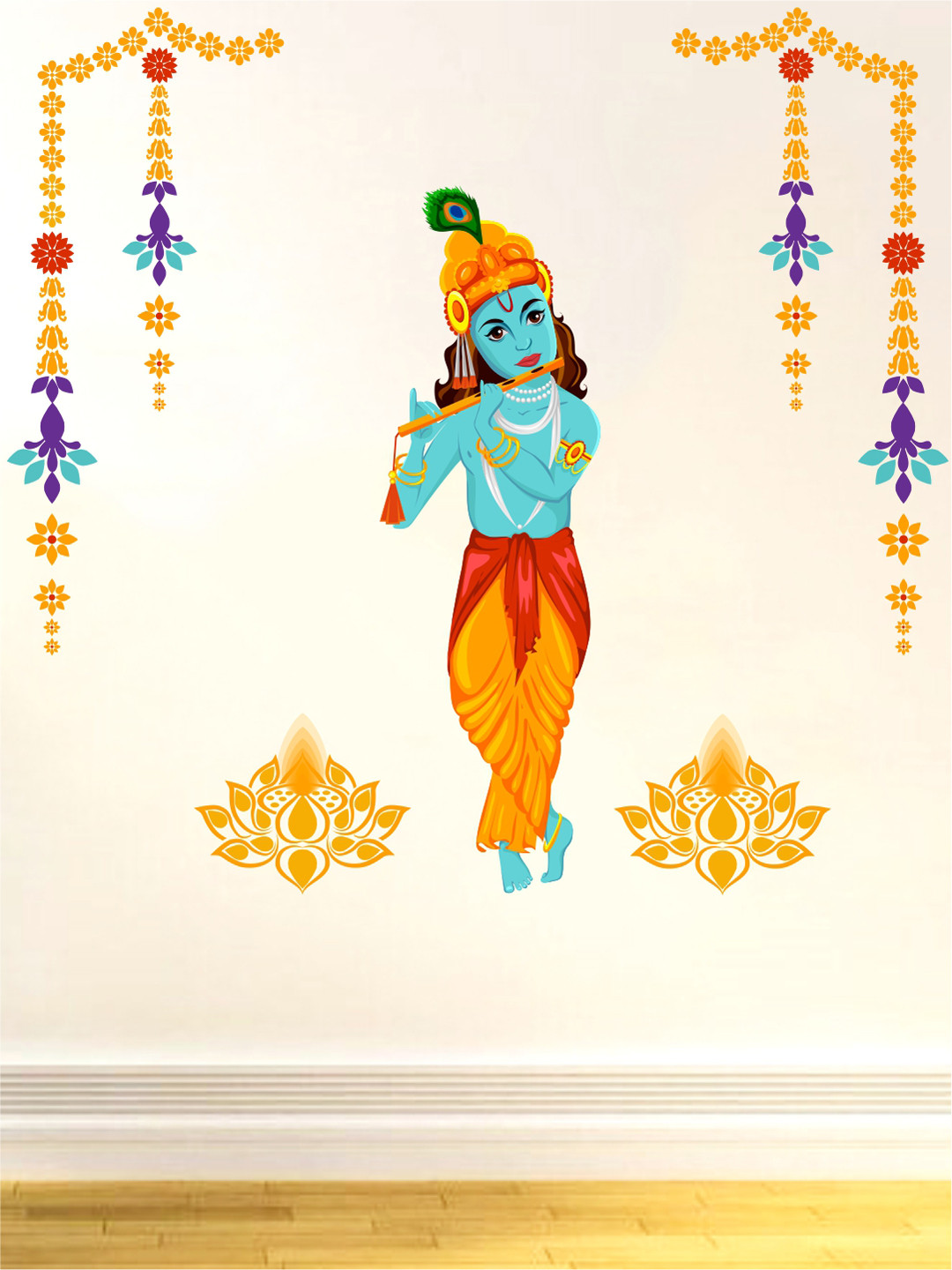 rawpockets Multicoloured Lord Krishna with Flute PVC Vinyl Wall Stickers