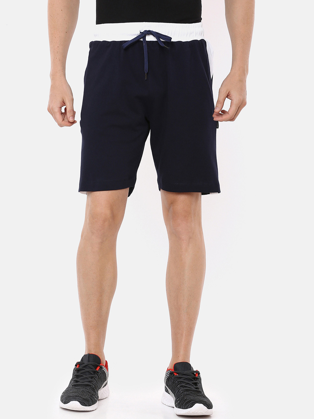 Braveo Men Navy Blue Solid Slim Fit Regular Shorts with Side Stripes
