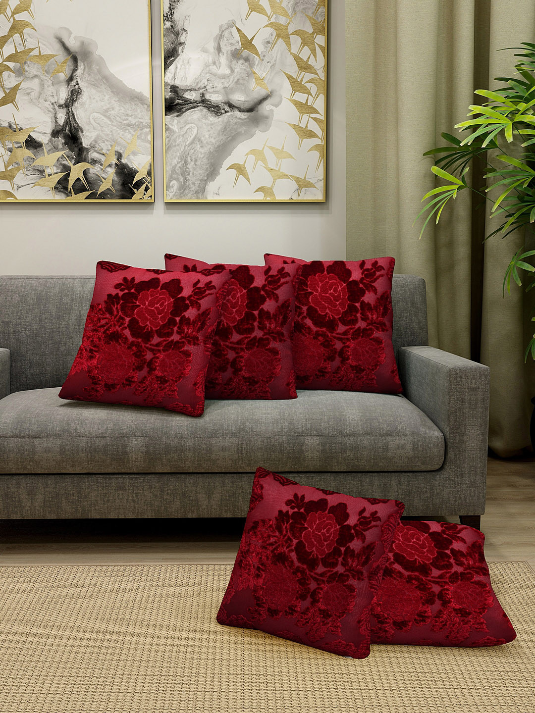 HOSTA HOMES Maroon Floral Velvet Washable 5 Piece Textured Square Cushion Covers -16x16In