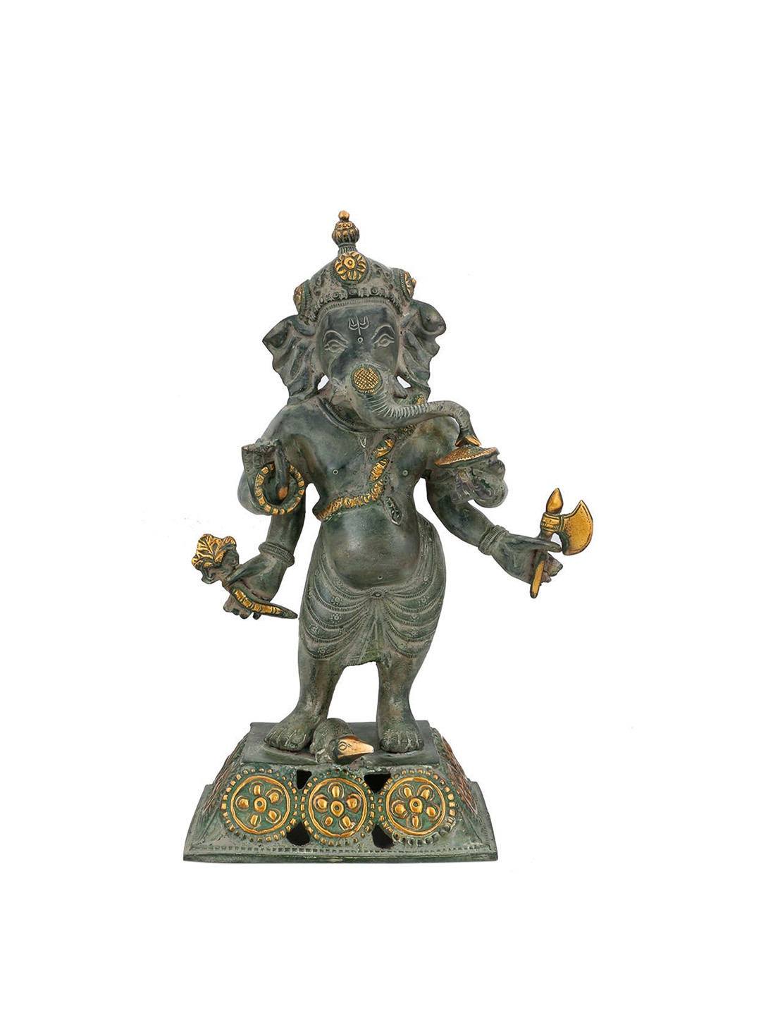 CraftVatika Ganesh Green Brass Metallic Prayer Room Medium Showpiece - 12 Inches