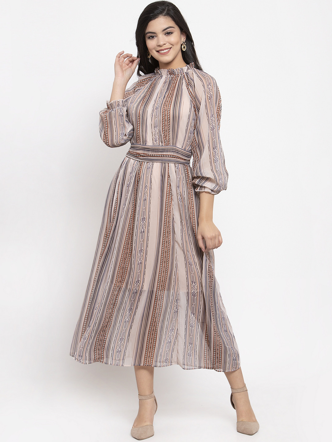 KASSUALLY Beige Striped Maxi Dress