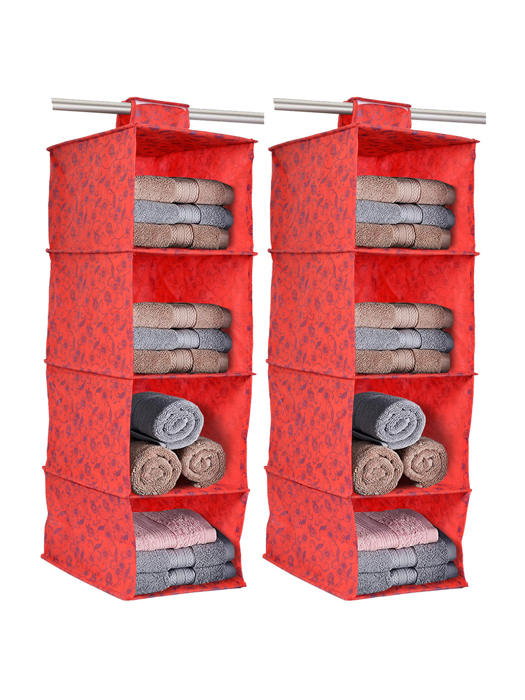 Kuber Industries Set Of 2 Red Printed Hanging Foldable Wardrobe Organizers