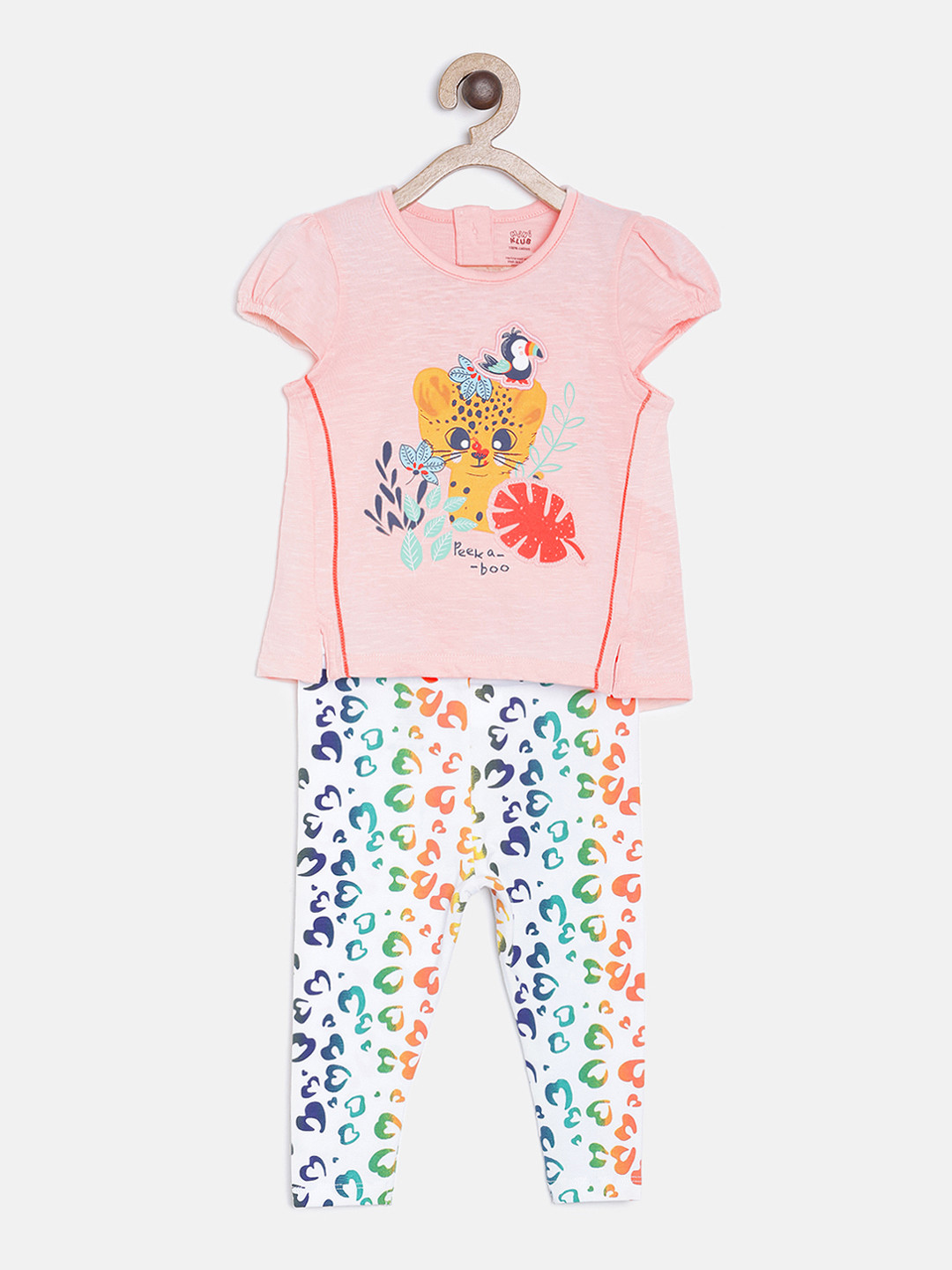 MINI KLUB Girls Peach-Coloured & White Printed Top with Trousers