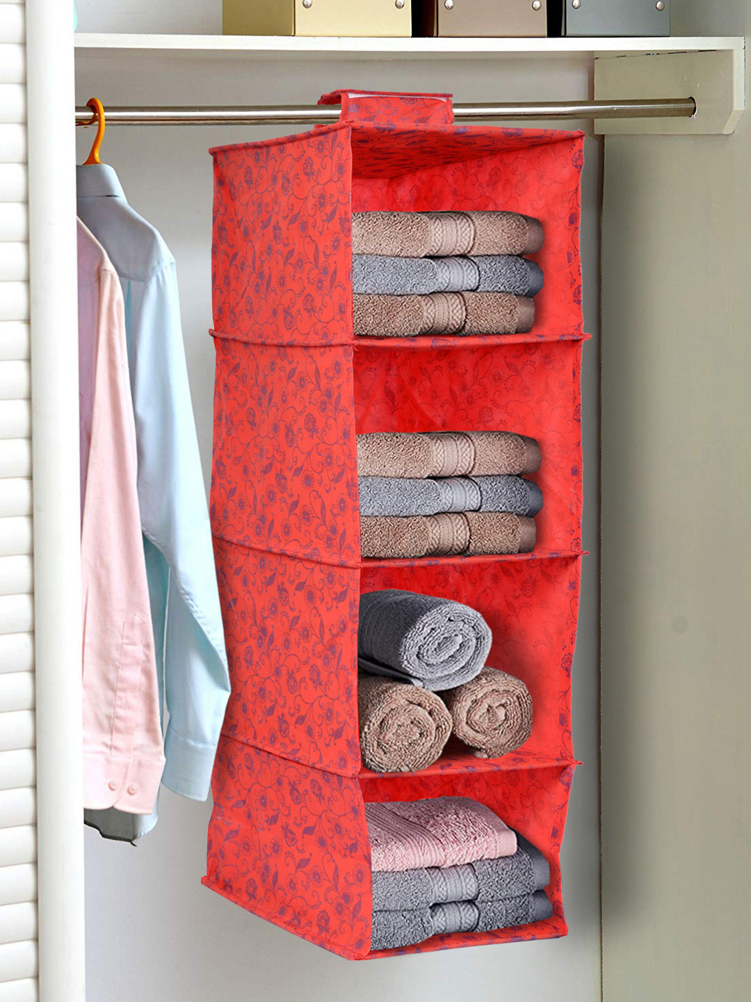 Kuber Industries Red Printed Hanging Foldable Wardrobe Organizer