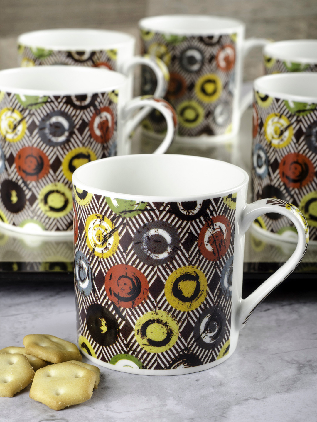 GOODHOMES White Abstract Bone China Dishwasher Safe 6 Piece Mugs-220ml