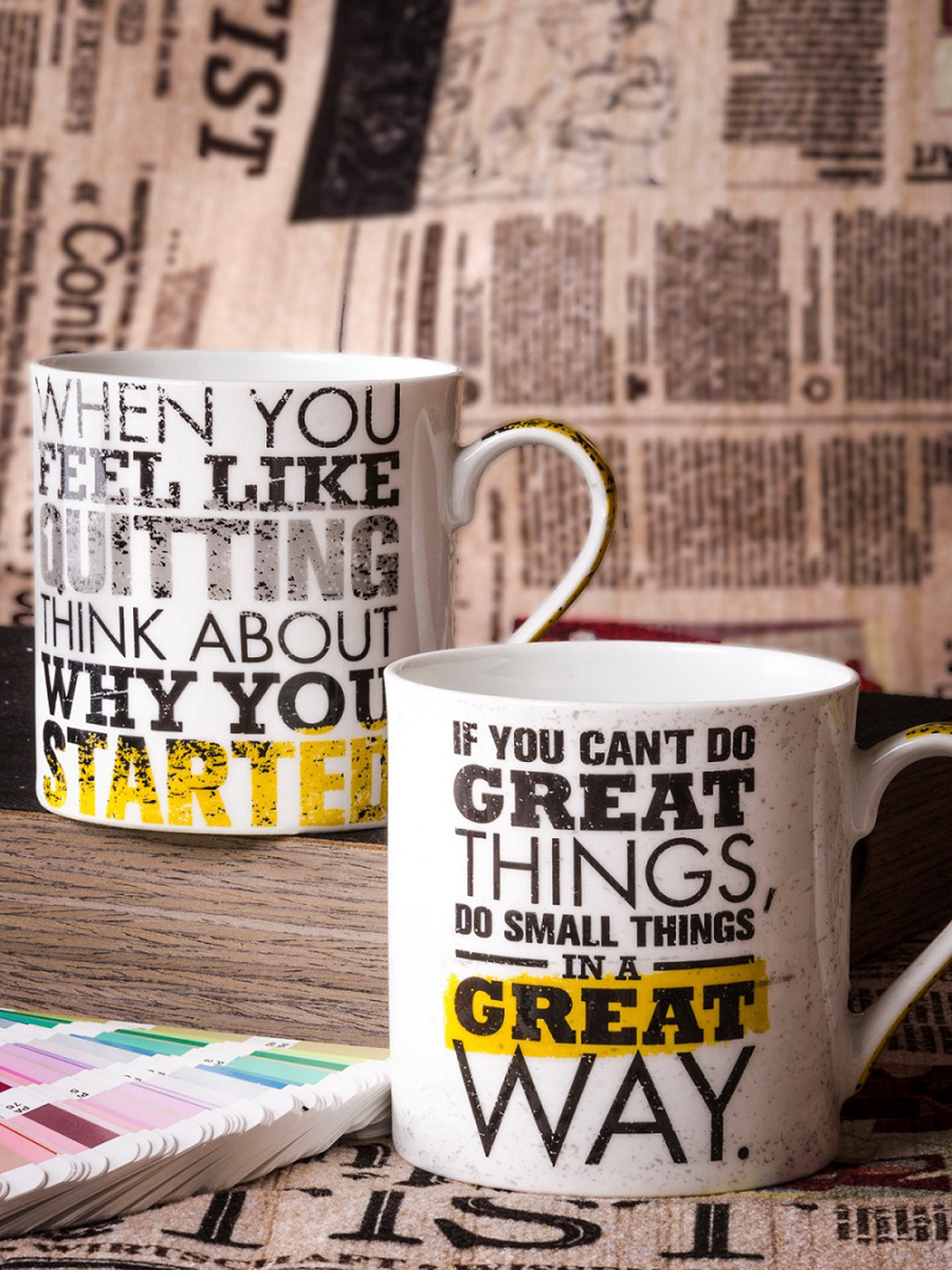 GOODHOMES Set Of 2 White & Black Printed Bone China Coffee Mugs