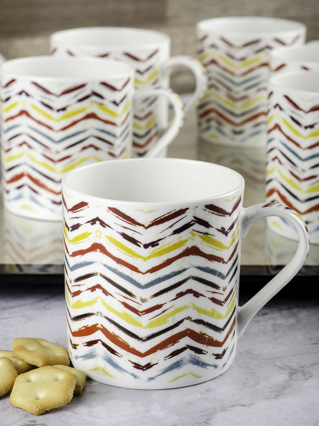 GOODHOMES Set Of 6 White & Yellow Geometric Design Coffee Mugs