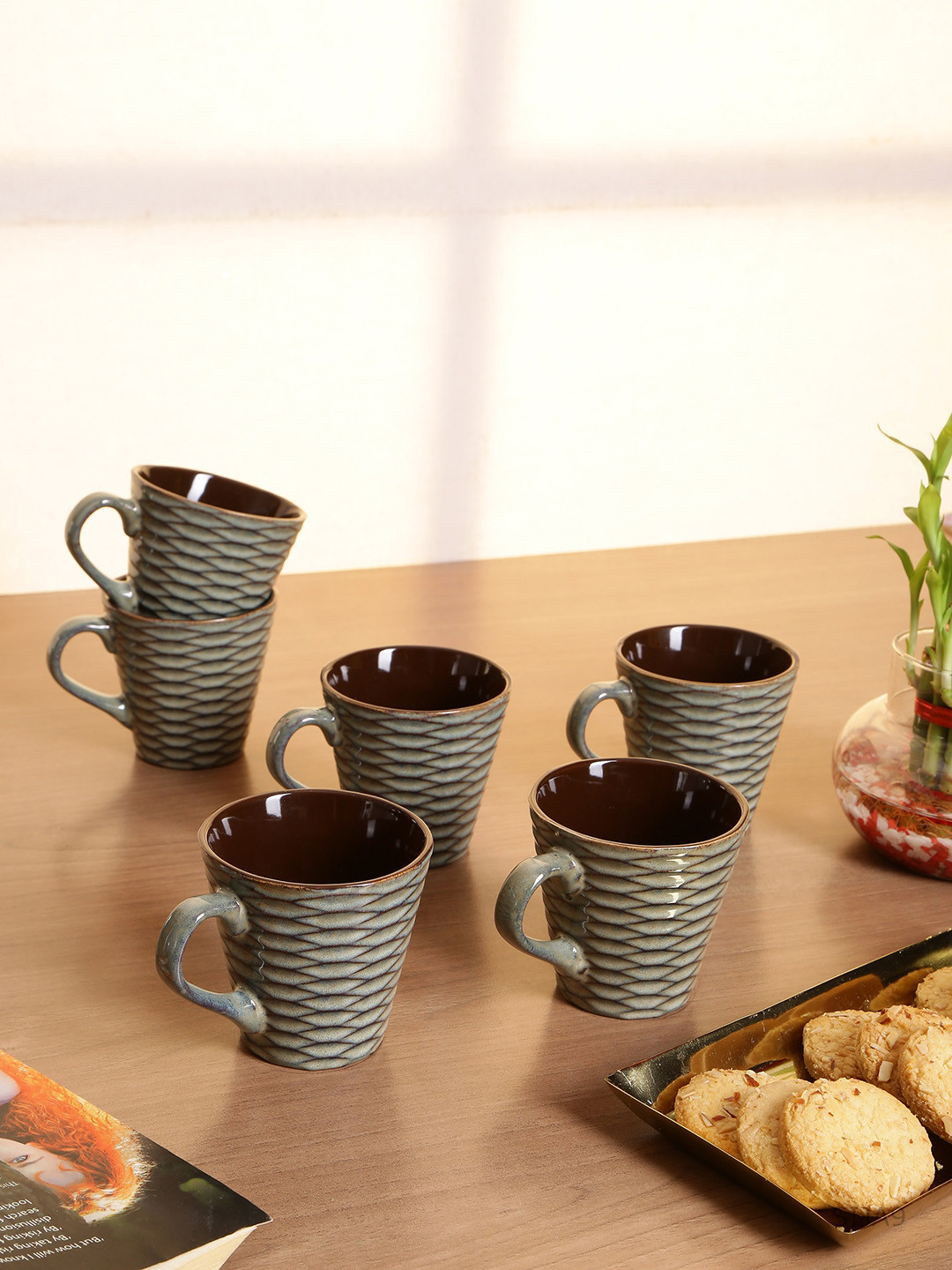 GOODHOMES Grey Textured Stoneware Handmade 6 Piece Mugs-170ml