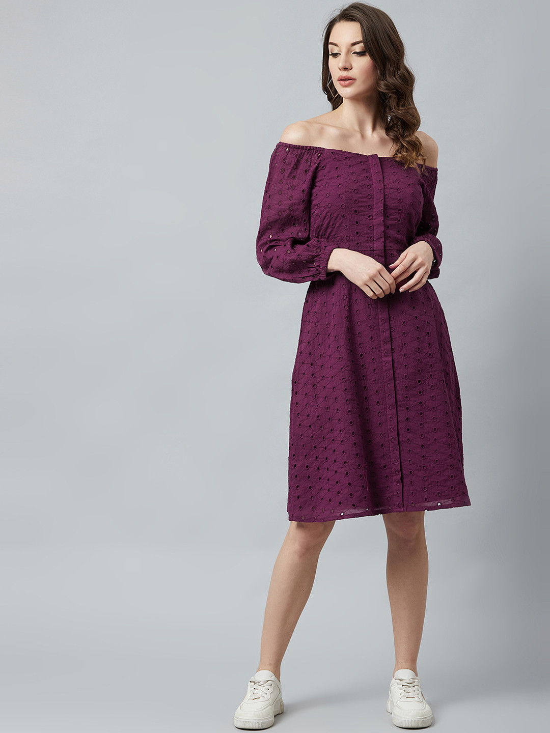Athena Women Purple Self Design A-Line Dress
