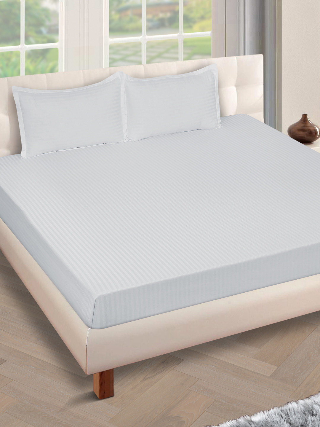 ROMEE Grey Striped 250 TC Cotton 1 King Bedsheet with 2 Pillow Covers