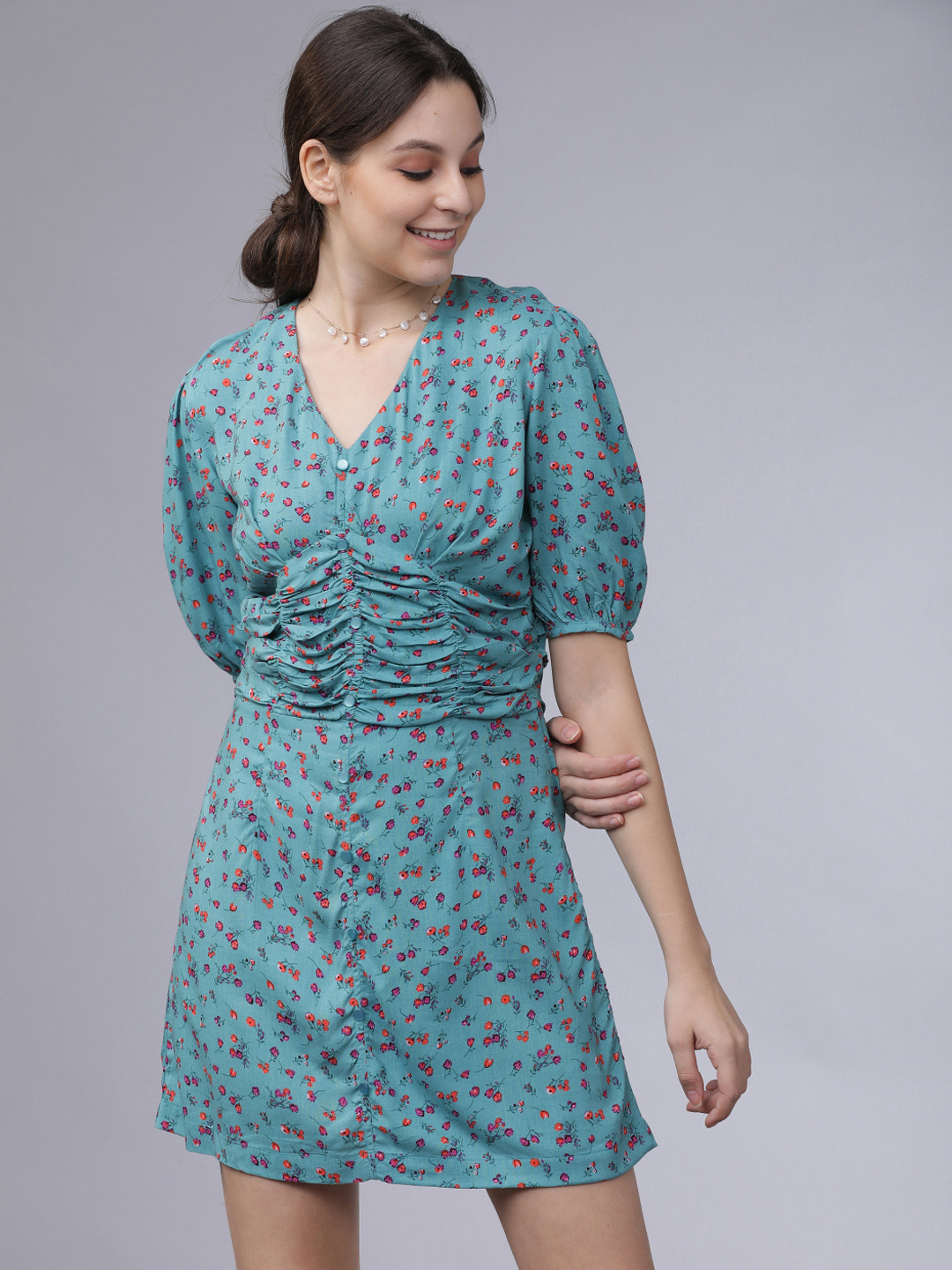 Tokyo Talkies Women Blue & Pink Floral Printed A-Line Dress