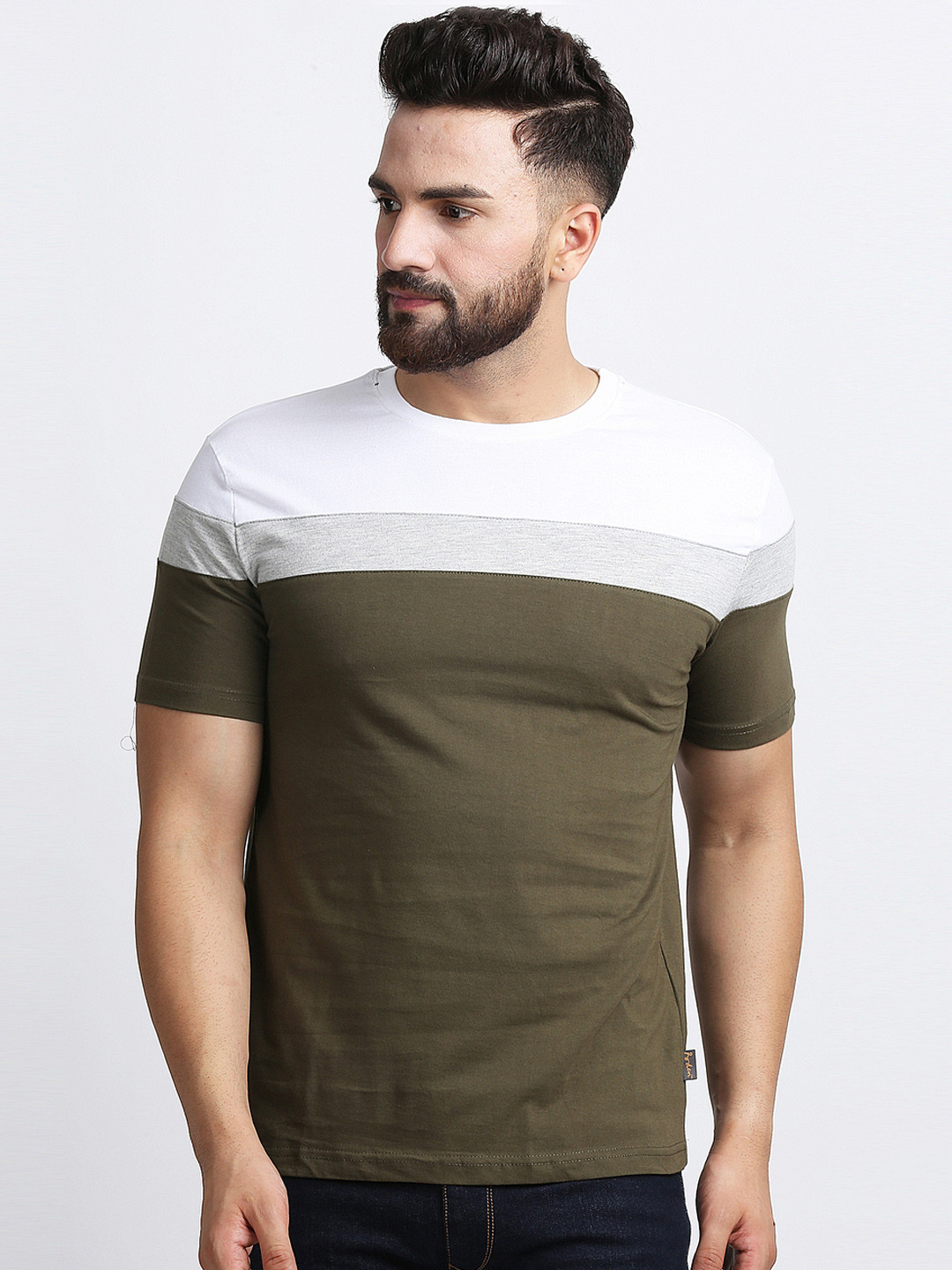 Rodzen Men Olive Green & White Colourblocked Round Neck T-shirt