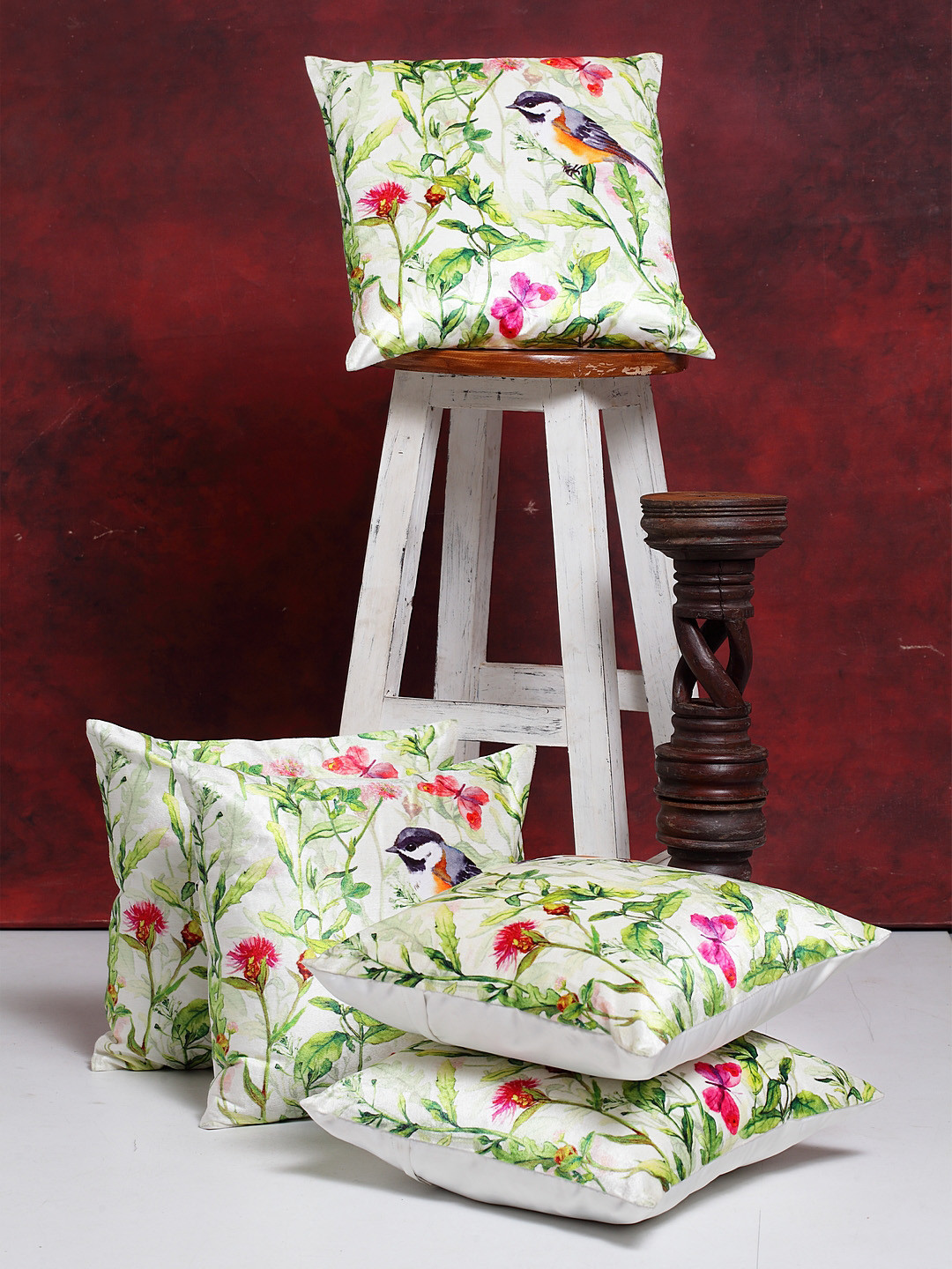 NISRAG HOME Bird White Floral Polyester Washable 5 Piece Square Cushion Covers -16x16In