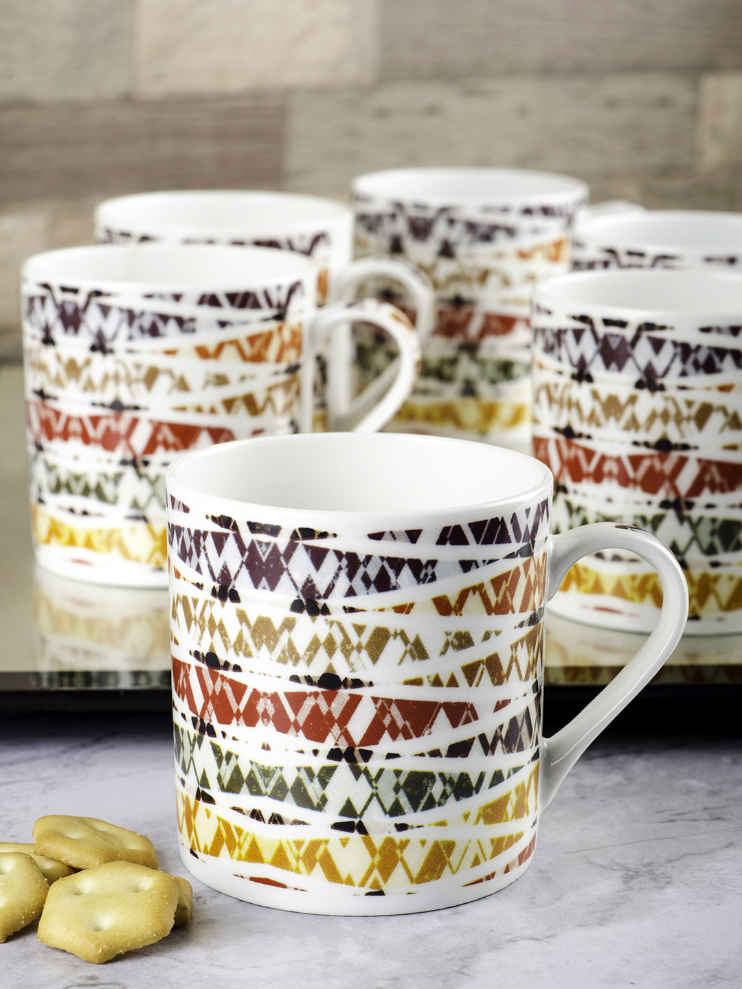 GOODHOMES White & Green 6-Pieces Printed Bone China Mugs Set