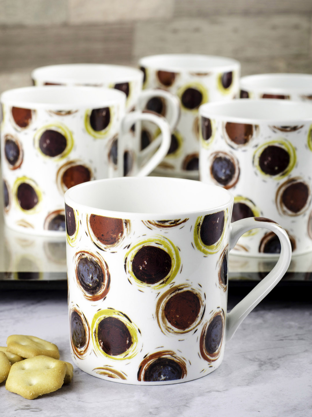 GOODHOMES Set Of 6 White & Brown Geometric Design Bone China Coffee Mugs