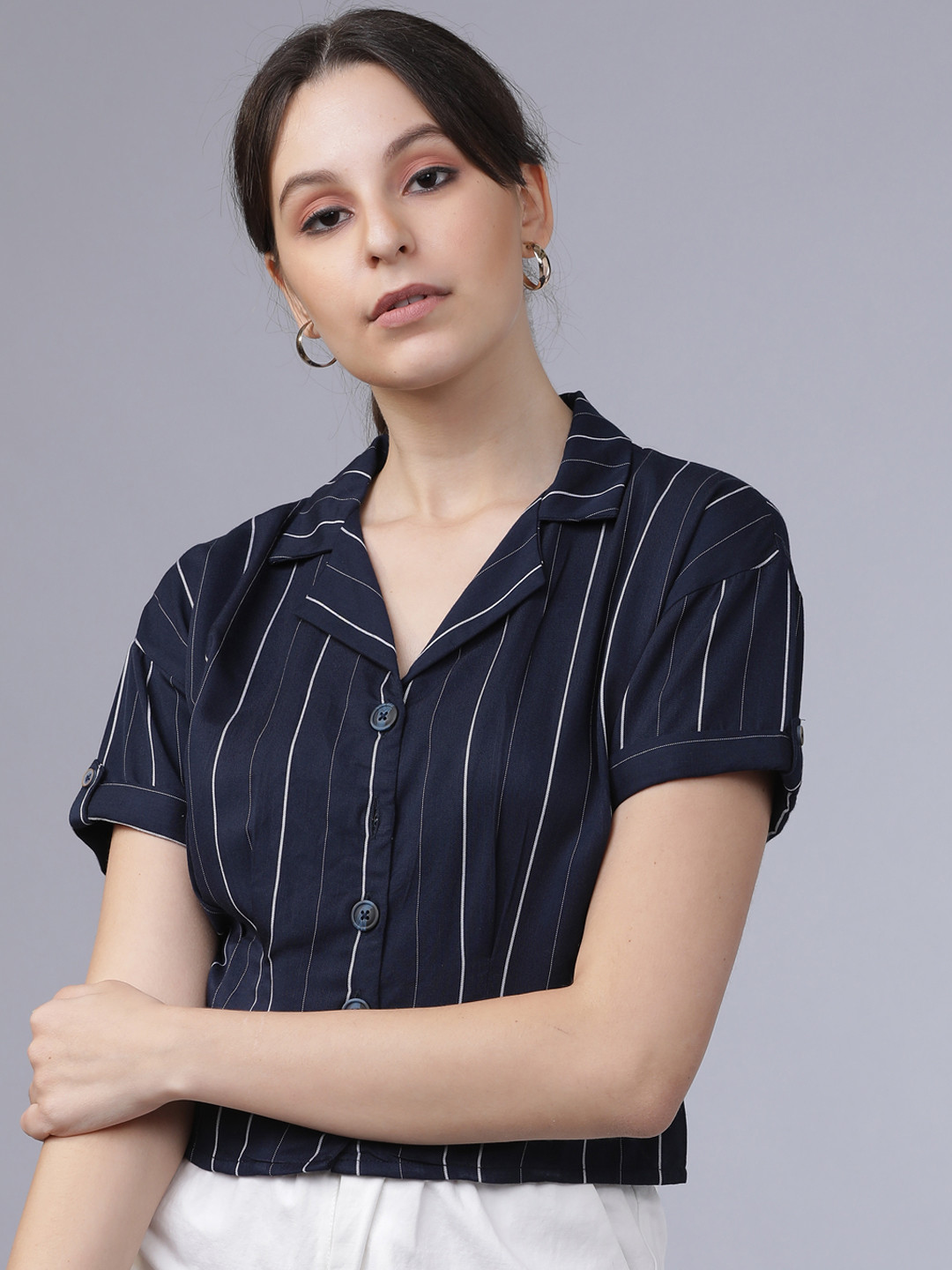 Tokyo Talkies Women Navy Blue Striped Shirt Style Top