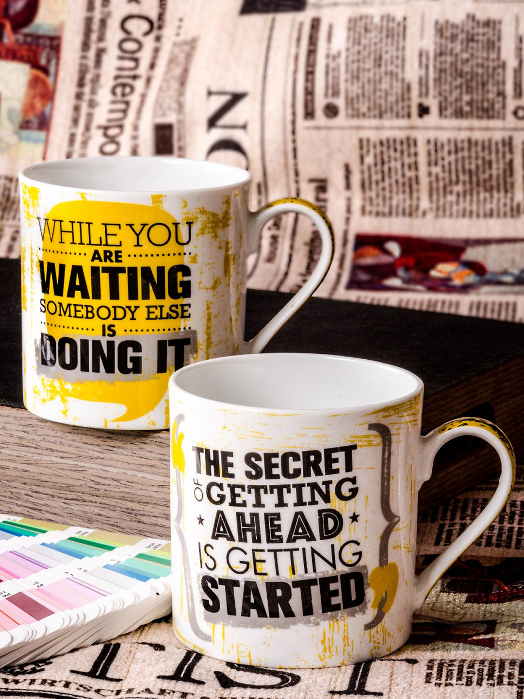 GOODHOMES Set Of 2 White & Yellow Printed Bone China Mugs