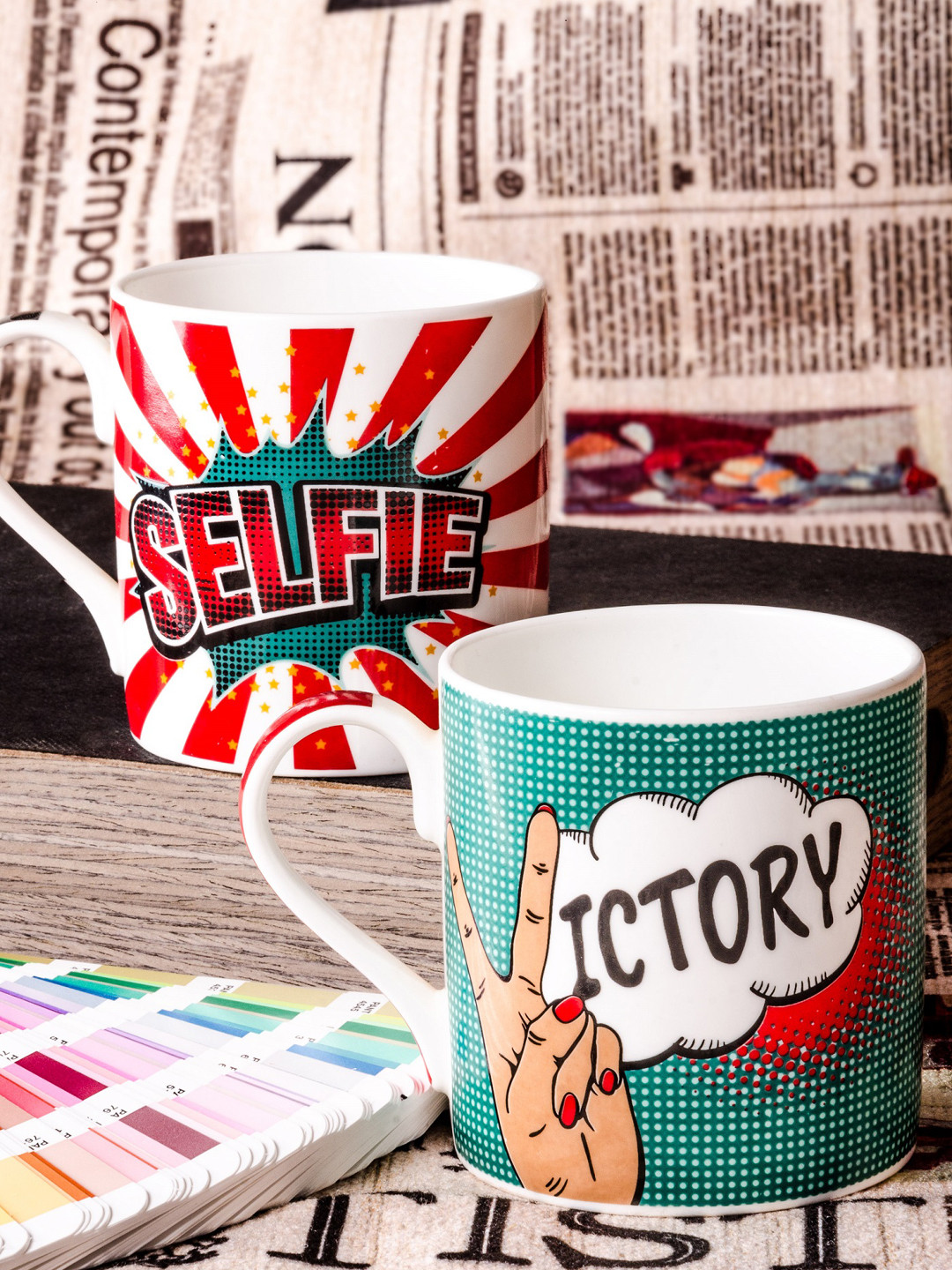 GOODHOMES Face Sketch White Typography Bone China Microwave Safe 2 Piece Mugs-350ml