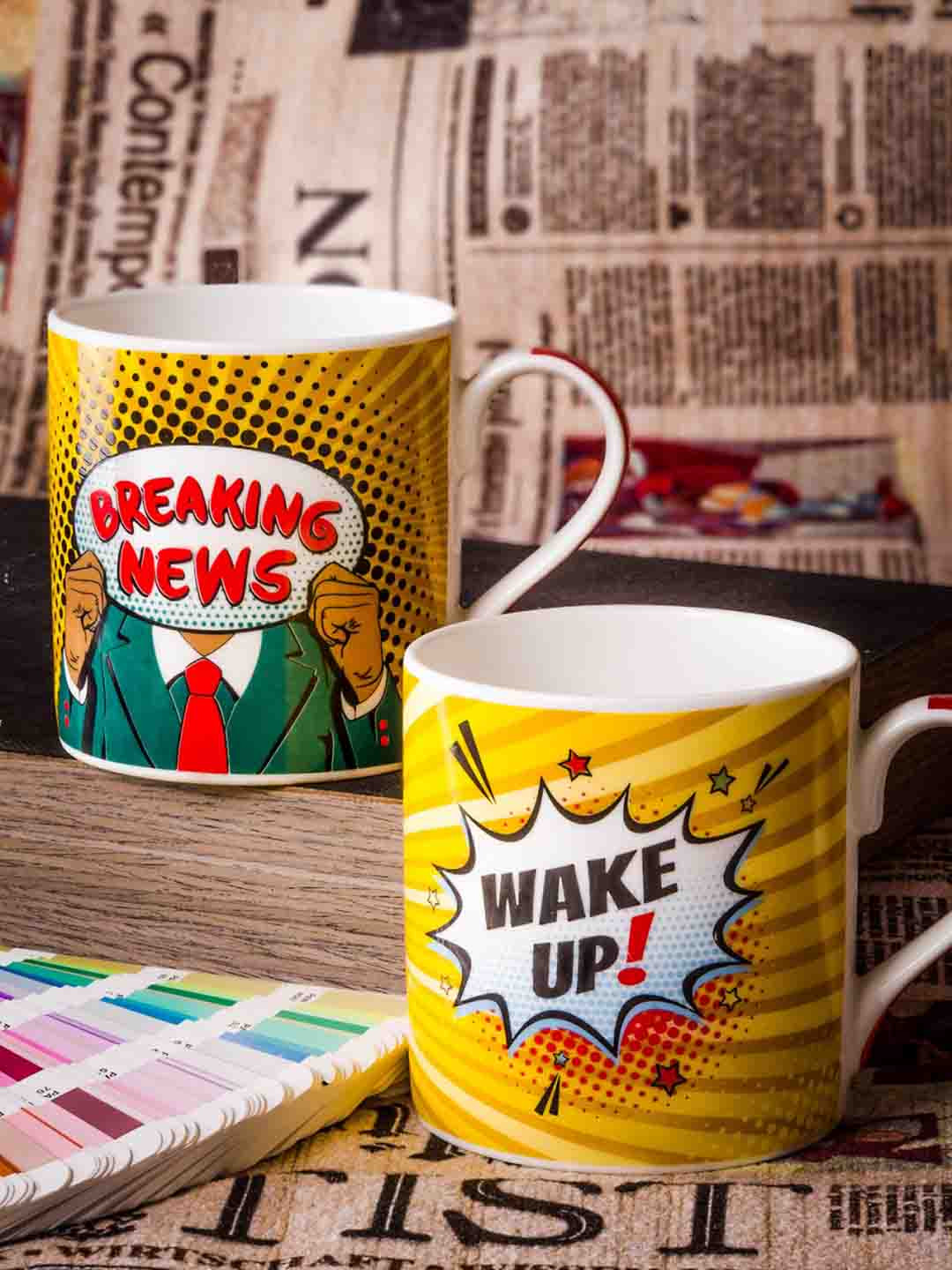 GOODHOMES Gold Design Yellow Typography Bone China Microwave Safe 2 Piece Mugs-350ml