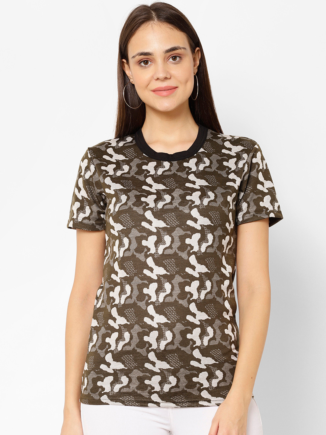 MACK JONNEY Women Olive Green & White Printed Round Neck T-shirt