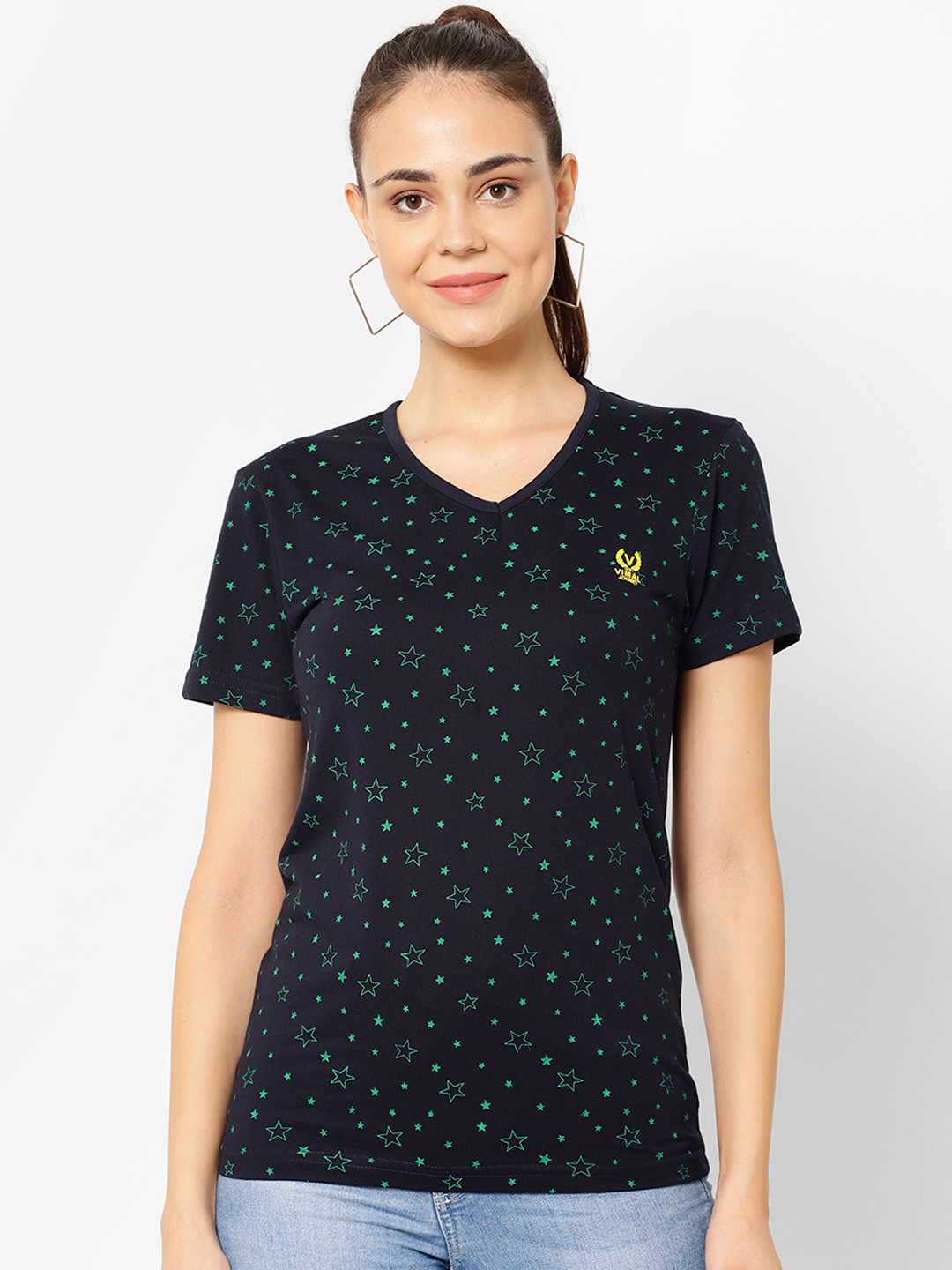 MACK JONNEY Women Navy Blue & Green Printed V-Neck T-shirt