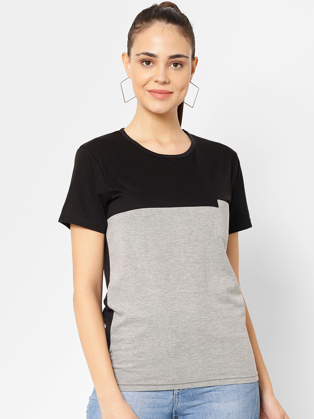 MACK JONNEY Women Grey Melange Colourblocked Round Neck T-shirt