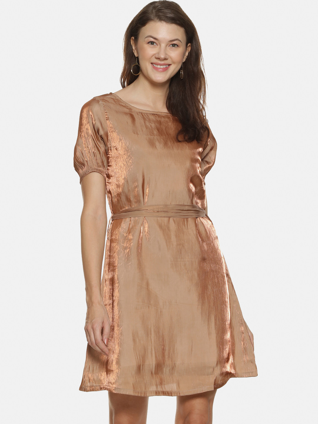 Campus Sutra Women Bronze-Toned Solid Knee Length A-Line Dress