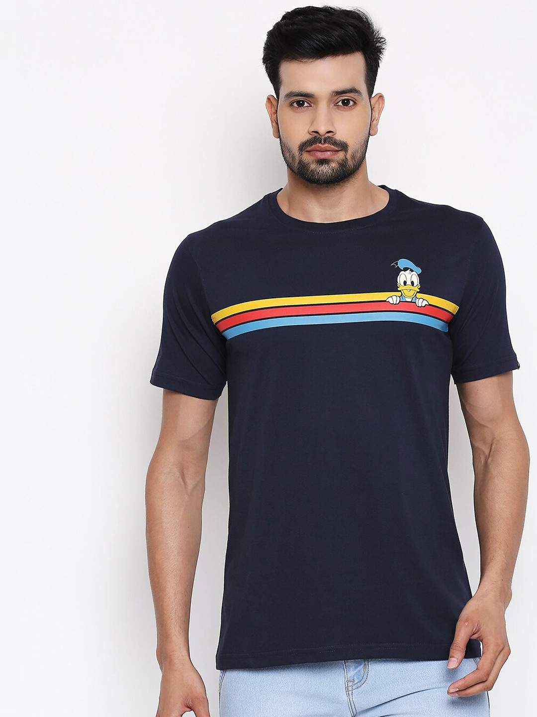 The Souled Store Official Men Donald Duck: Stripes Navy Blue Regular Fit T-Shirts