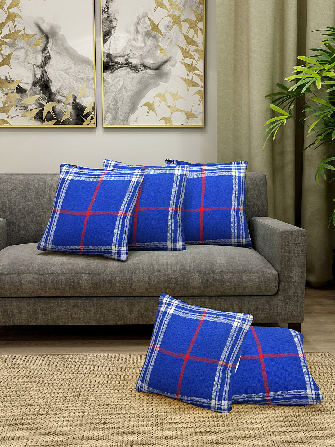 KLOTTHE Blue & Red Set of 5 Checked Square Cushion Covers
