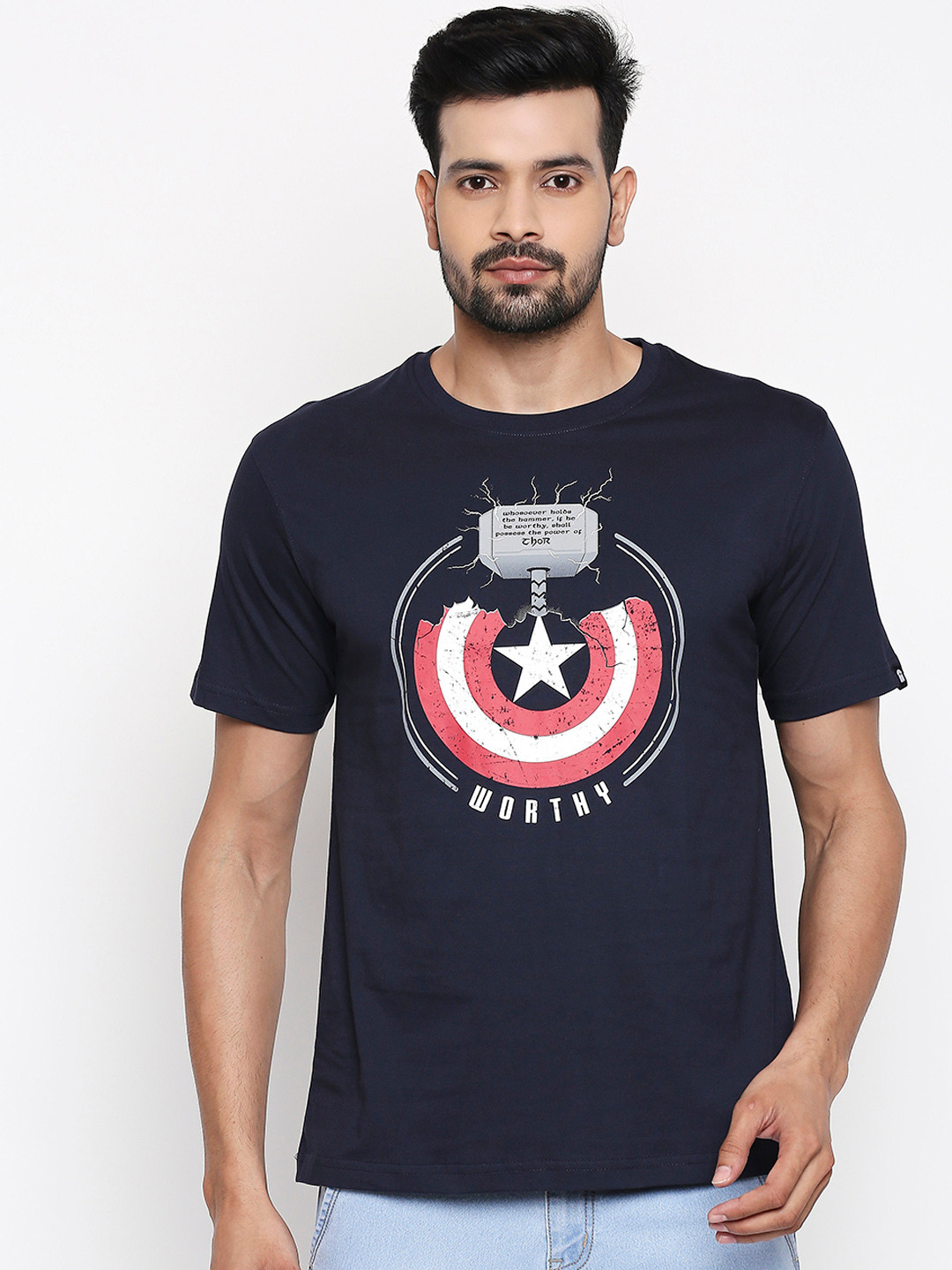 The Souled Store Unisex Navy Blue Captain America Printed Round Neck Pure Cotton T-shirt