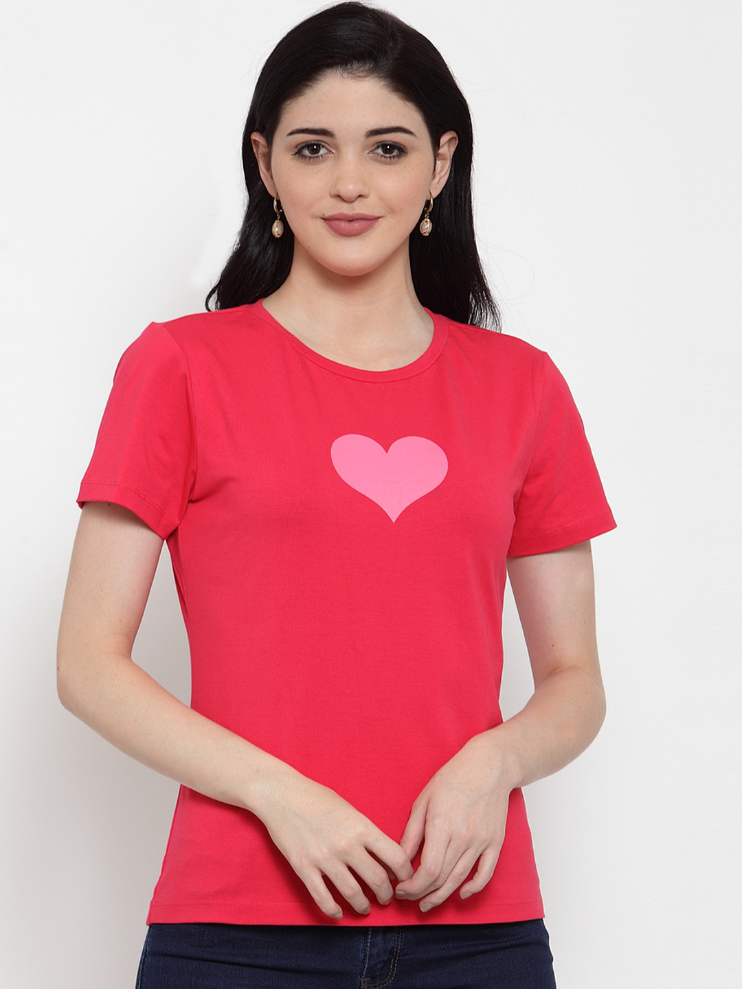 DOOR74 Women Fuchsia Pink Printed Round Neck T-shirt