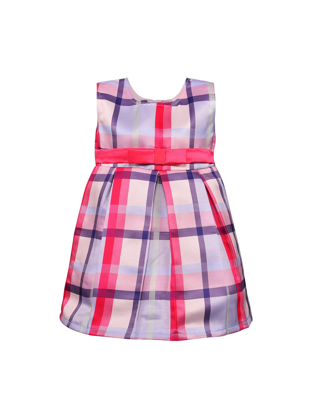 Wish Karo Girls Pink & Blue Checked Fit & Flare Silk Dress