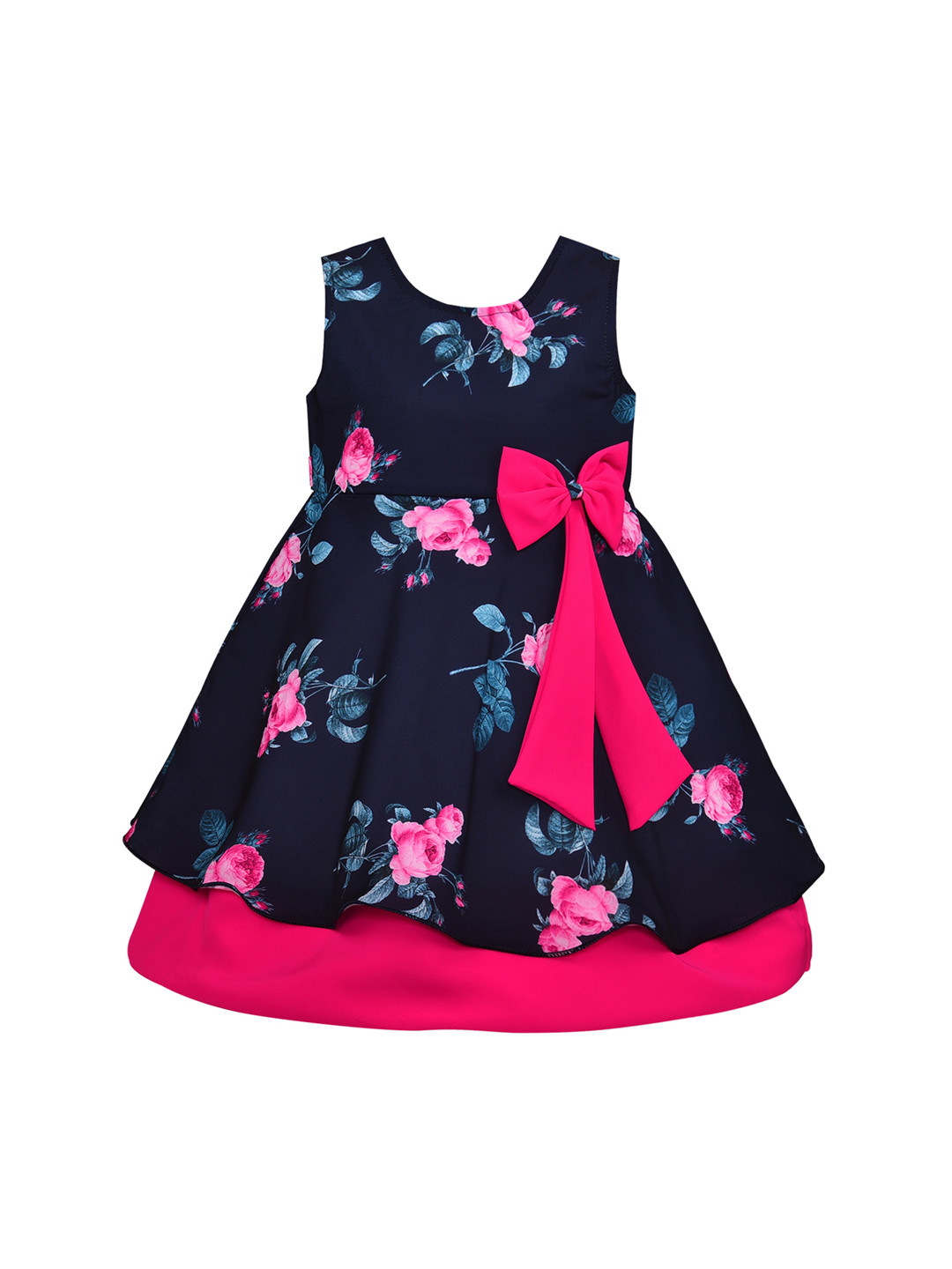 Wish Karo Girls Navy Blue & Pink Floral Print Fit and Flare Dress