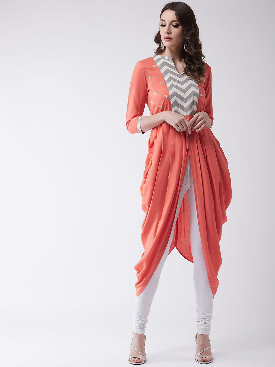 Pannkh Women Coral Orange Yoke Design Cowl Kurta