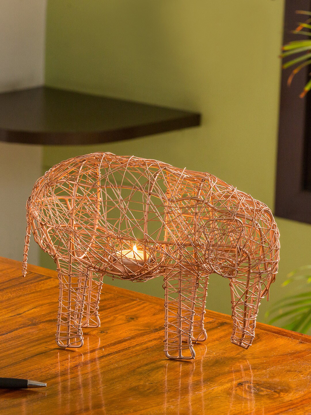 ExclusiveLane Copper-Toned The Elephant Mesh Handwoven Showpiece & Table Tea-Light Holder