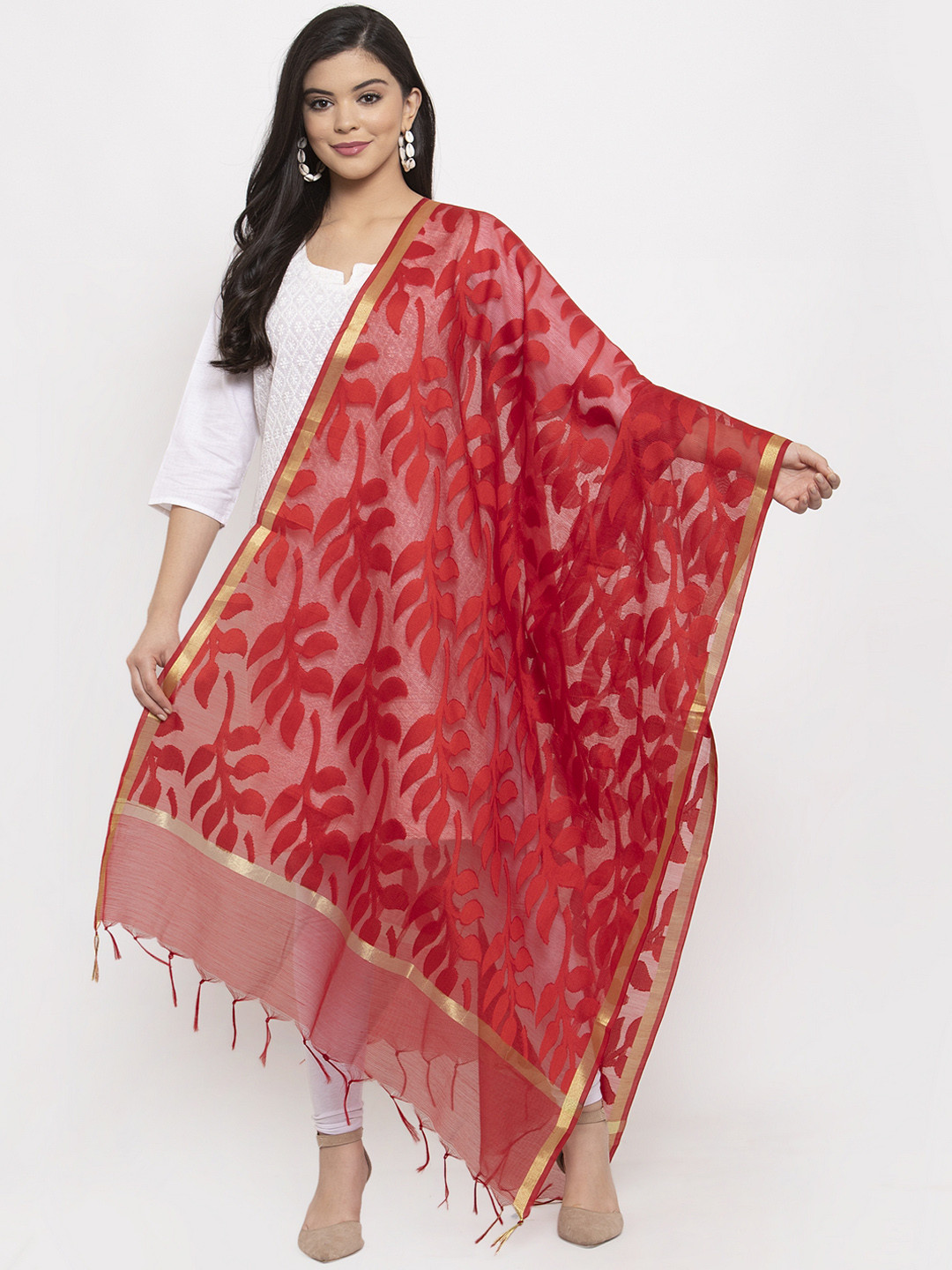 LOOM LEGACY Red Woven Design Banarsi Jacquard Dupatta