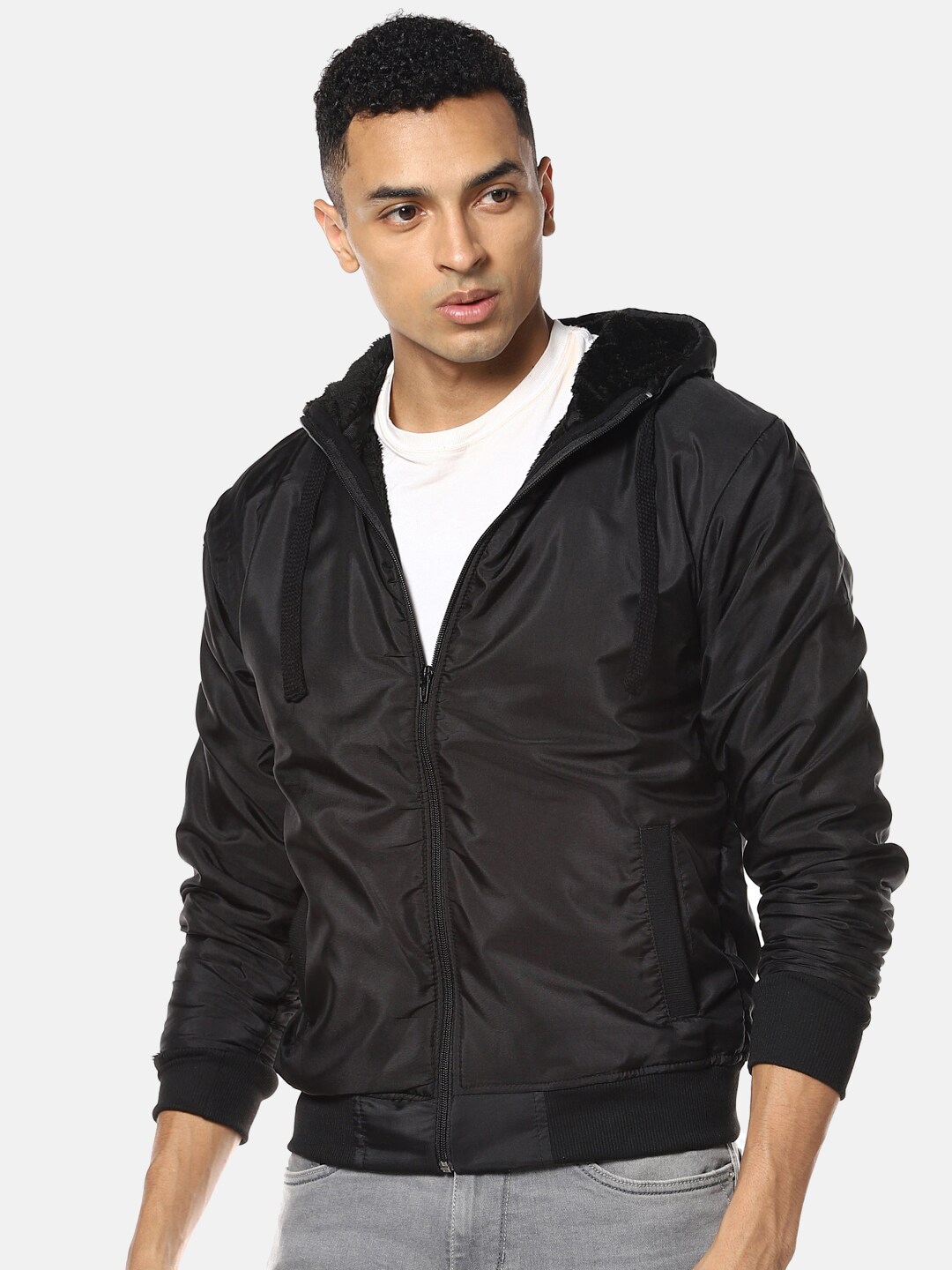 Buy Campus Sutra Men Black Solid Windcheater Hooded Bomber