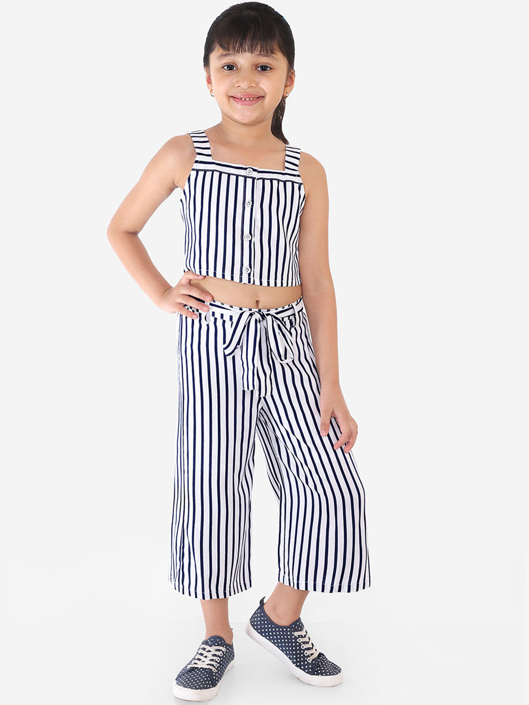 Naughty Ninos Girls White & Navy Blue Striped Top with Palazzos