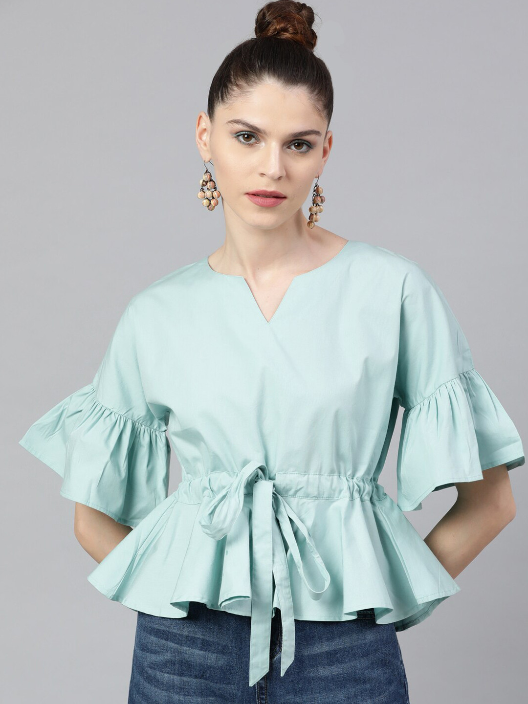 STREET 9 Women Mint Green Solid Peplum Pure Cotton Top