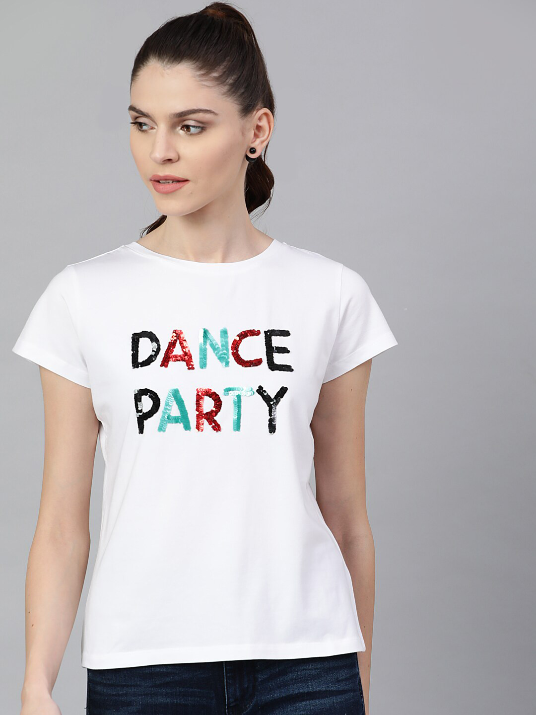 STREET 9 Women White Sequinned Round Neck T-shirt