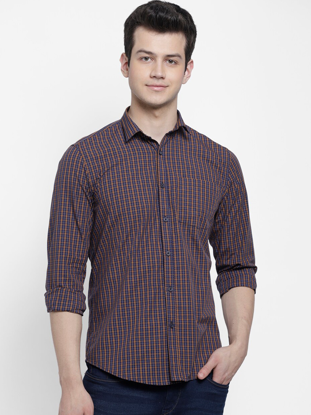 cape canary Men Brown And Navy Blue Regular Fit Casual Shirt