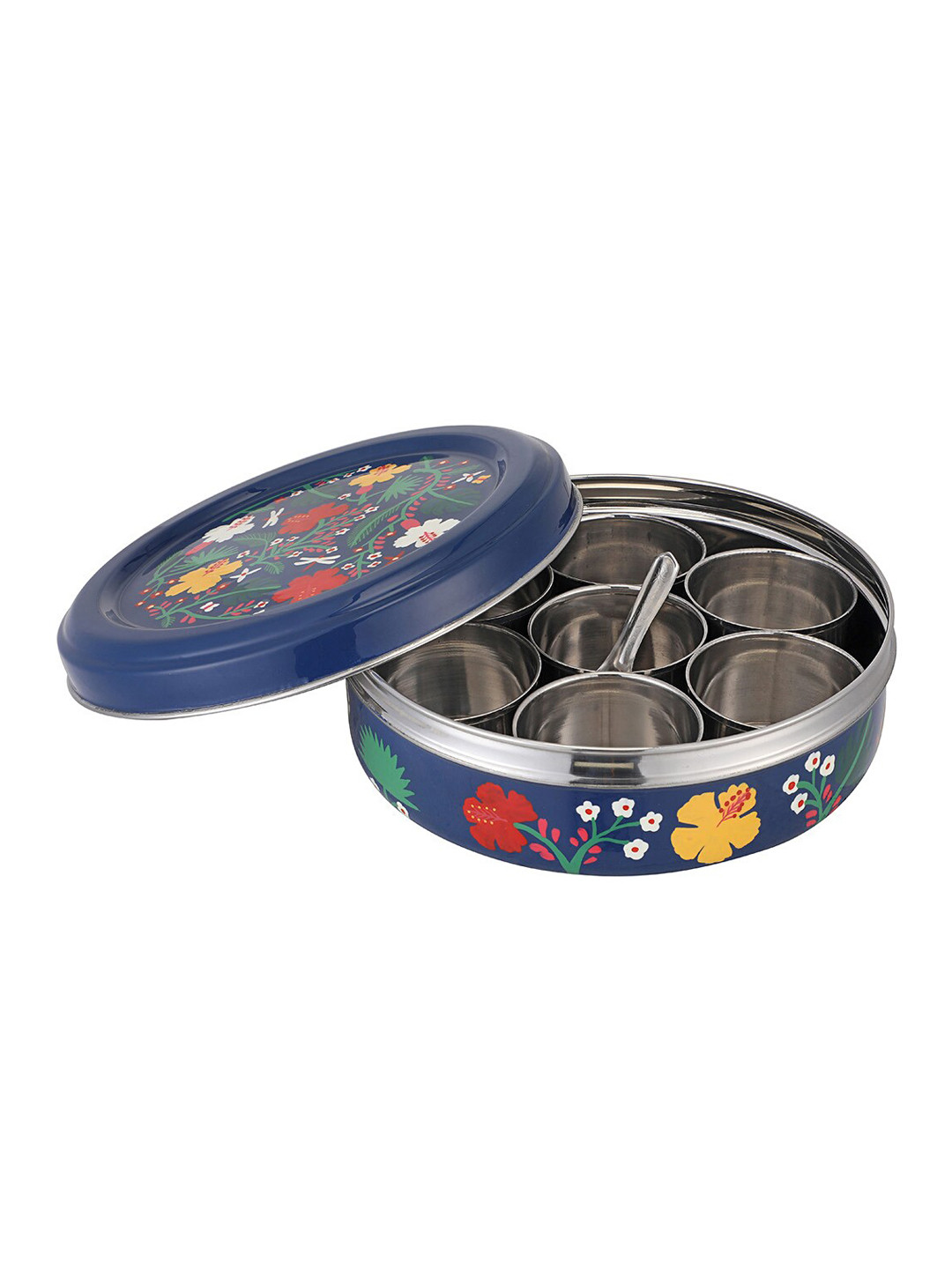 Chumbak Blue & Red Hand-Painted Misty Forest Steel Spice Box