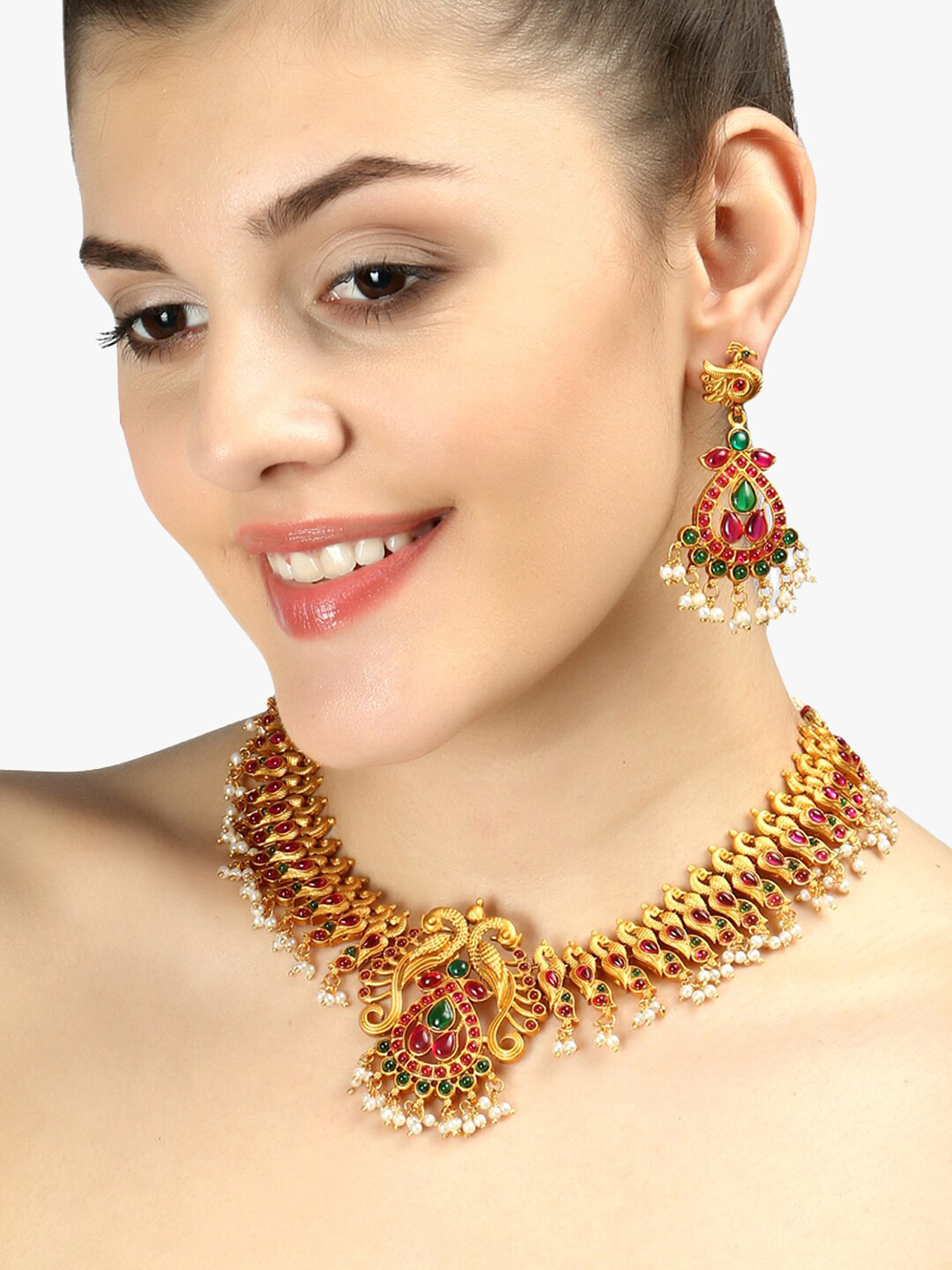 Adwitiya Collection Gold-Plated & Pink Stone-Studded Temple Jewellery Set