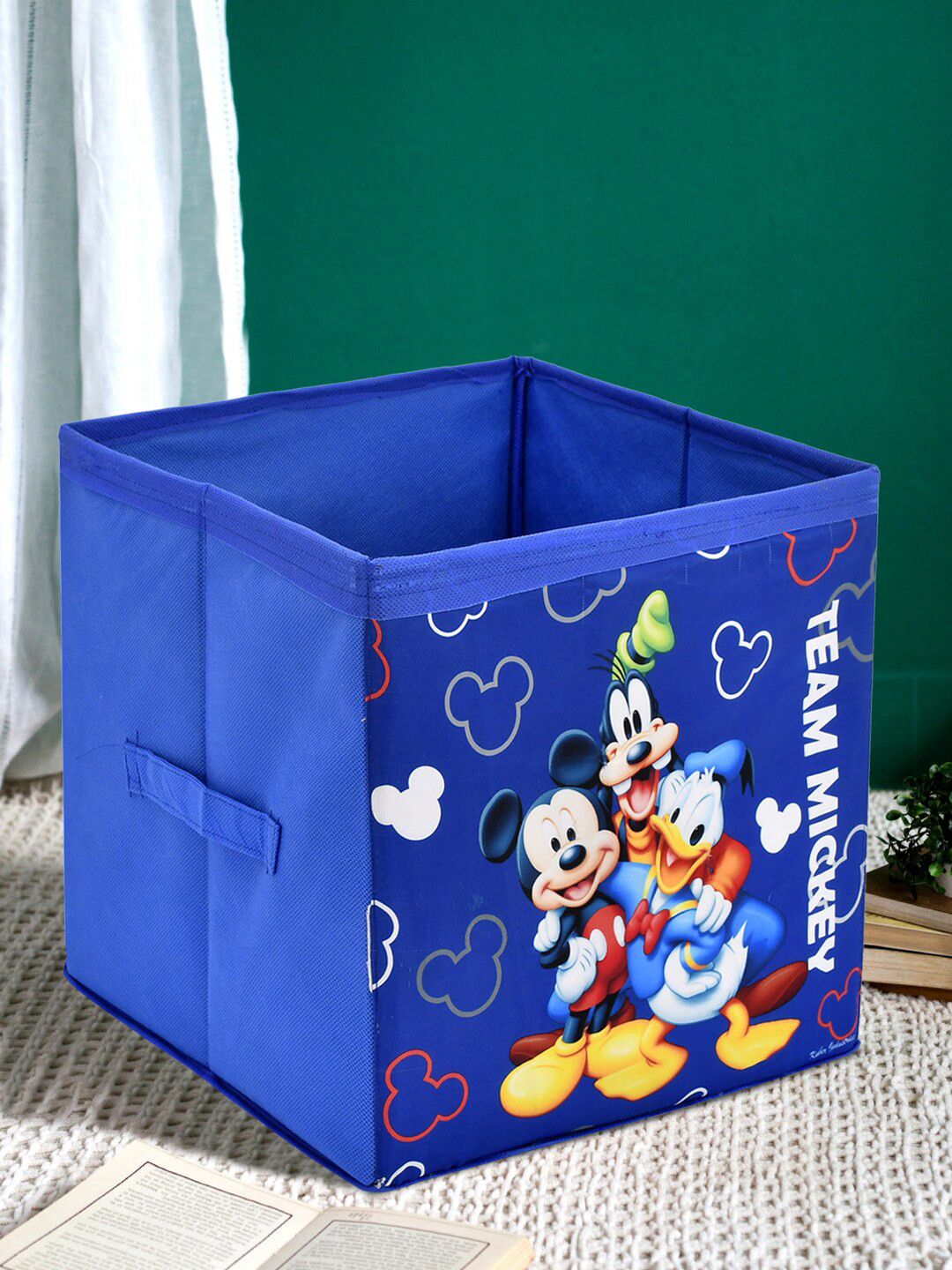 Kuber Industries Blue Disney Team Mickey Printed Foldable Storage Box With Handle
