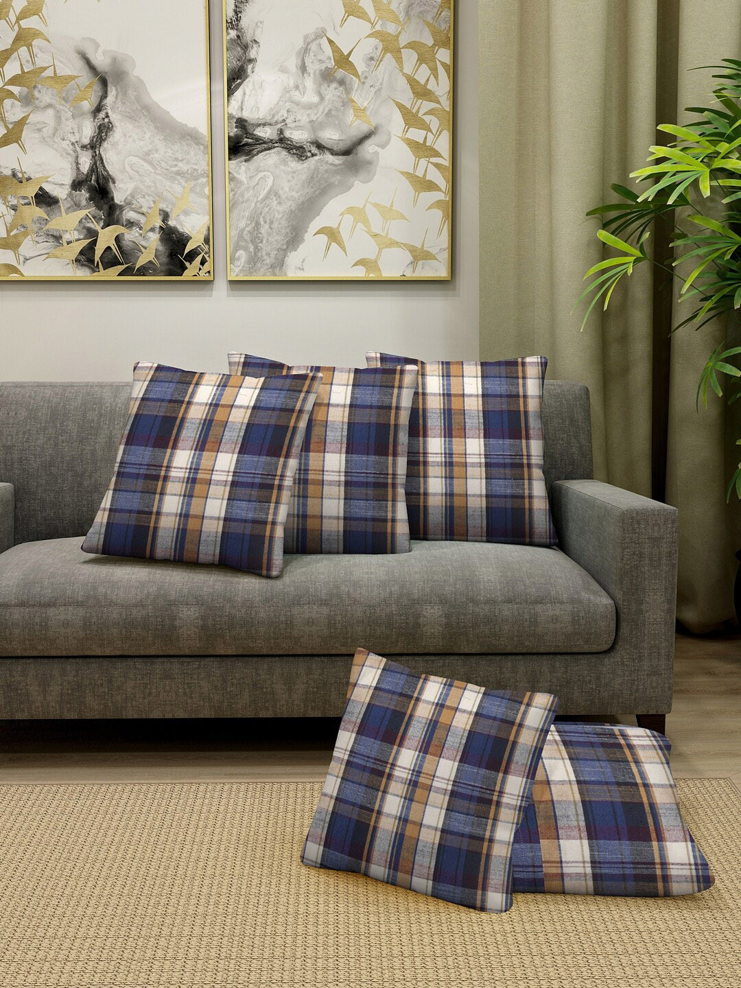 KLOTTHE Set Of 5 Blue & Off-White Checked Square Cushions